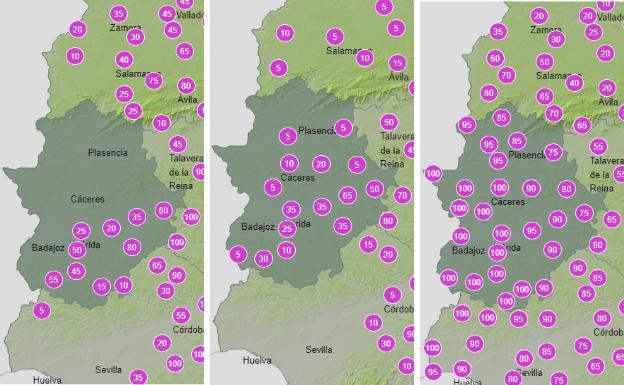 Probabilidad de lluvia el sábado en Extremadura de medianoche a seis de la madrugada, de seis a 12:00 horas, y de 18:00 a medianoche. 