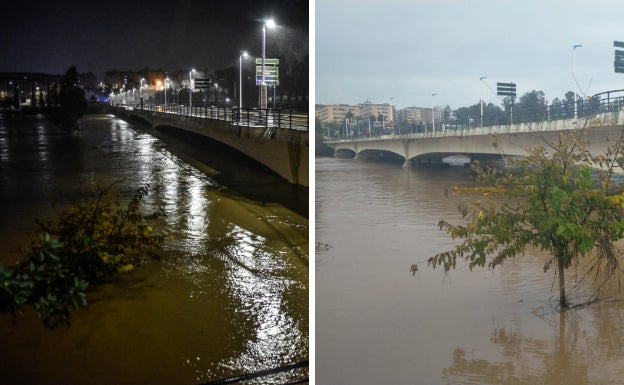 El agua, muy cerca de cubrir completamente los arcos del puente de la Autonomía, anoche, y a la derecha, bajada del nivel del agua esta mañana. 