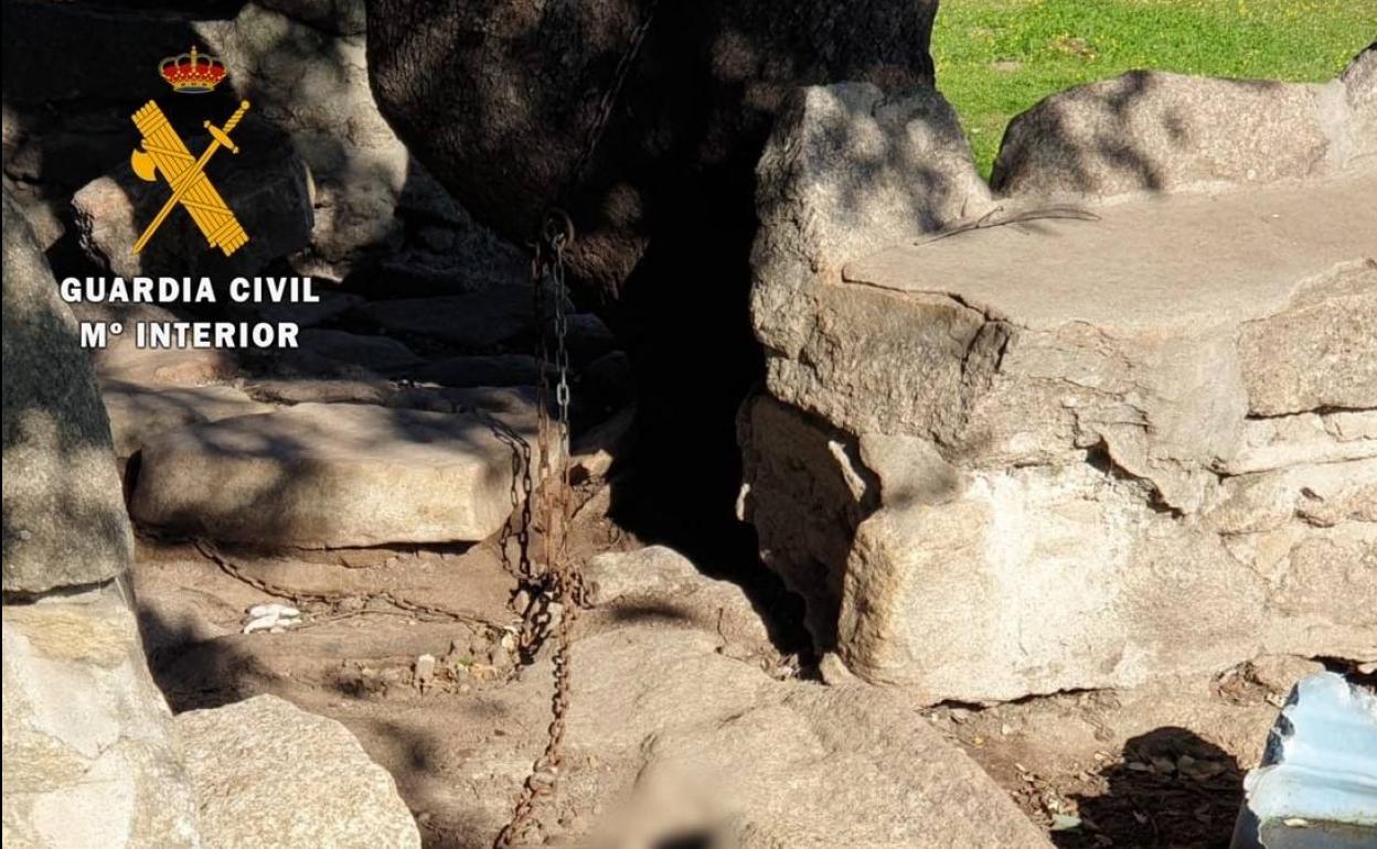 Hallan un perro muerto atado a un árbol y dos cachorros sedientos en una finca de Escurial