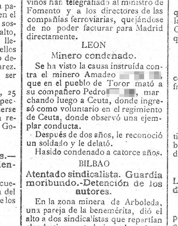 En el año 1920 hubo un crimen entre mineros; pero no fue en Cáceres, fue en León.