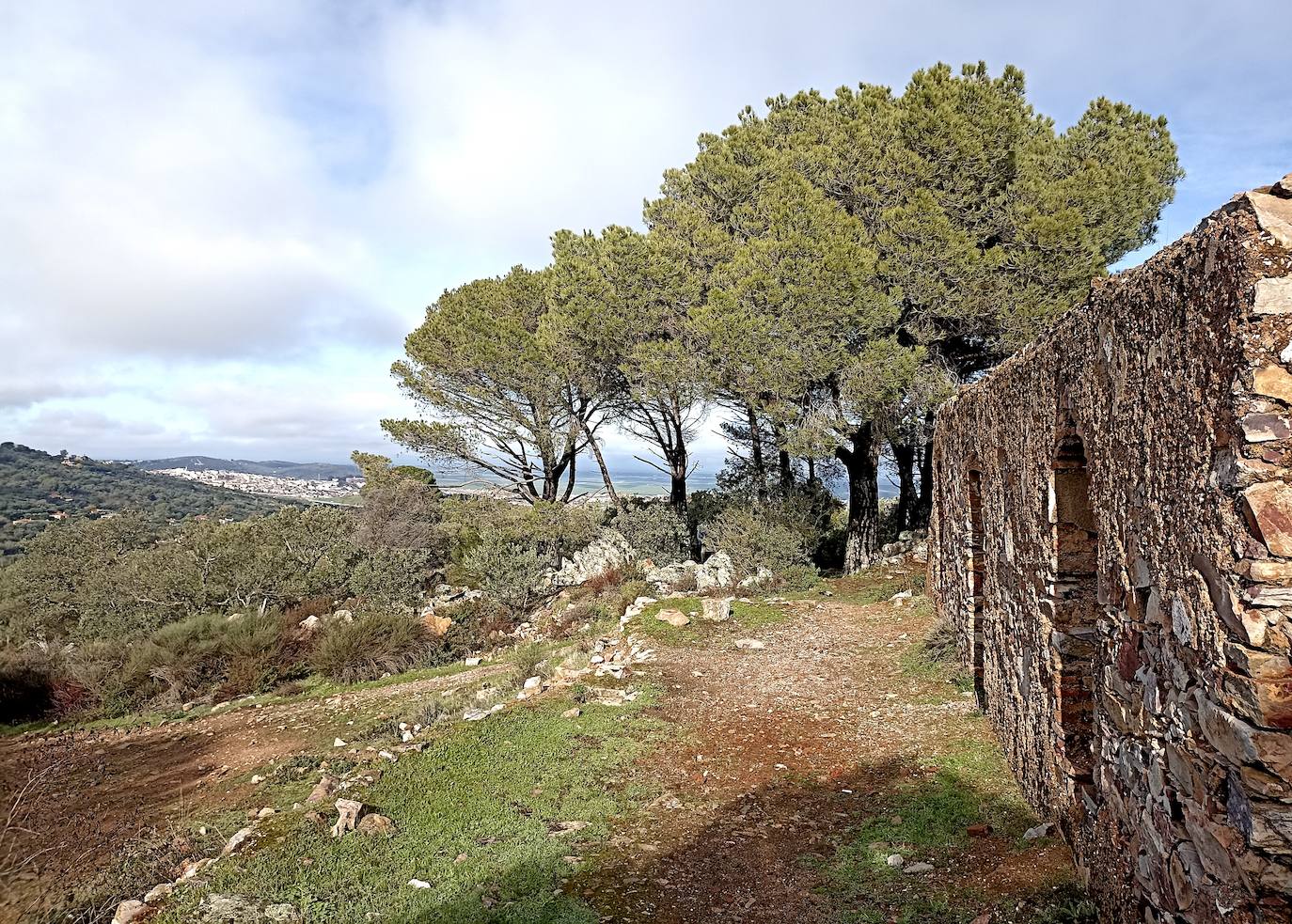 A la derecha la casa, junto a un pinar; al fondo la ciudad de Cáceres.