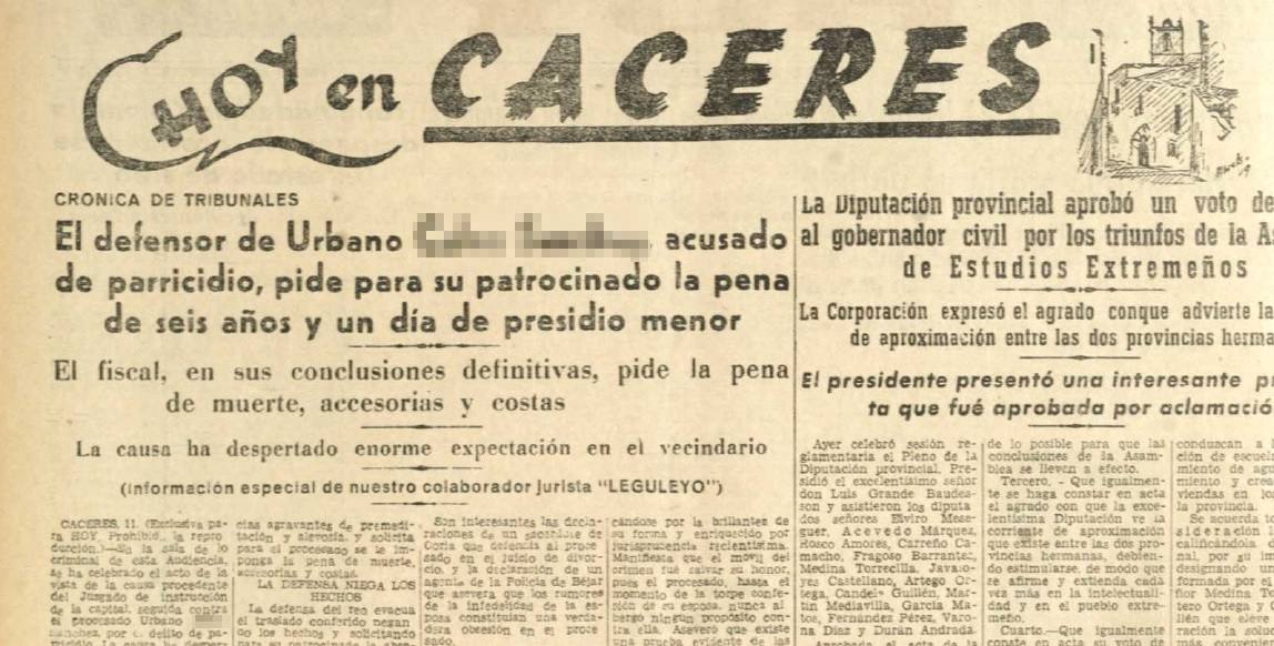Noticia en el Diario HOY del juicio que tuvo lugar en Cáceres el 10 de noviembre de 1949.