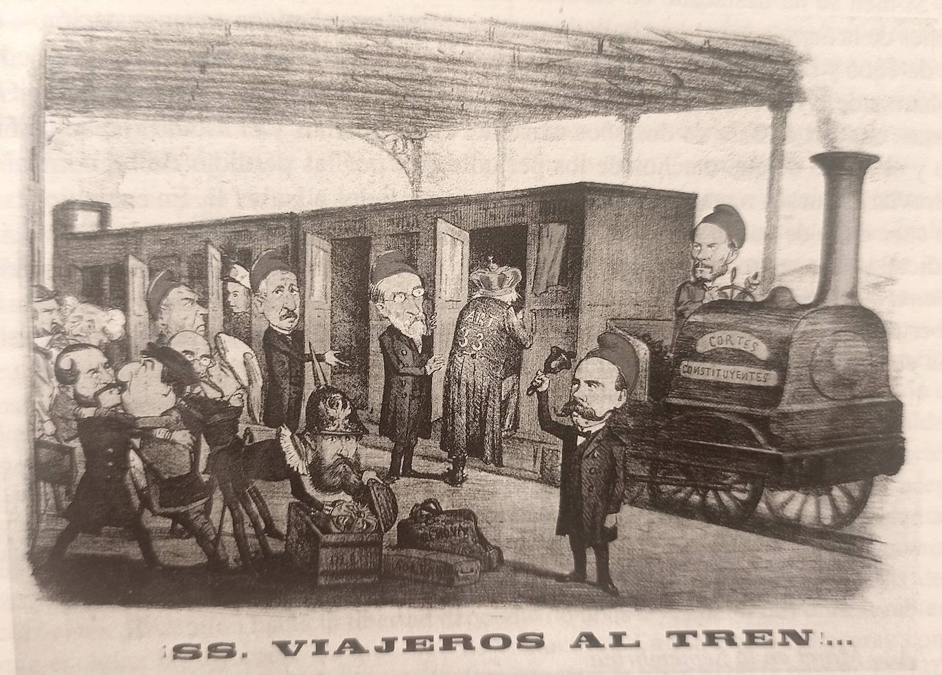 Dibujo satírico sobre las Cortes Constituyentes de 1870, con Moret de jefe de estación y Sagasta de maquinista.