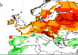 La zona verde indica las zonas que acumularán más agua de lo normal durante el mes de abril