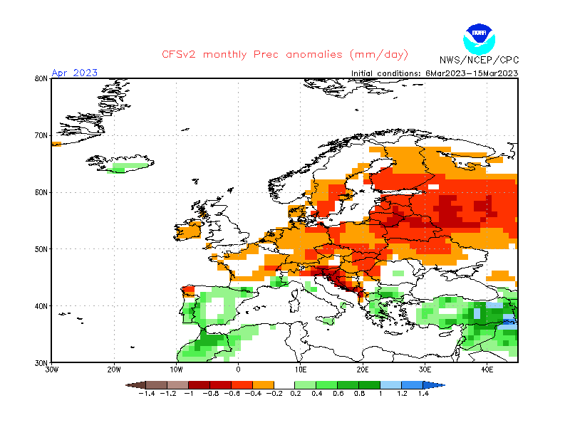 La zona verde indica las zonas que acumularán más agua de lo normal durante el mes de abril
