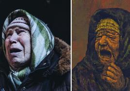 A la izquierda, foto de Diego Herrera de una anciana en Ucrania. A la derecha, ilustracion de Juan Alberto Hernádez para la muestra 'Ukraine'.