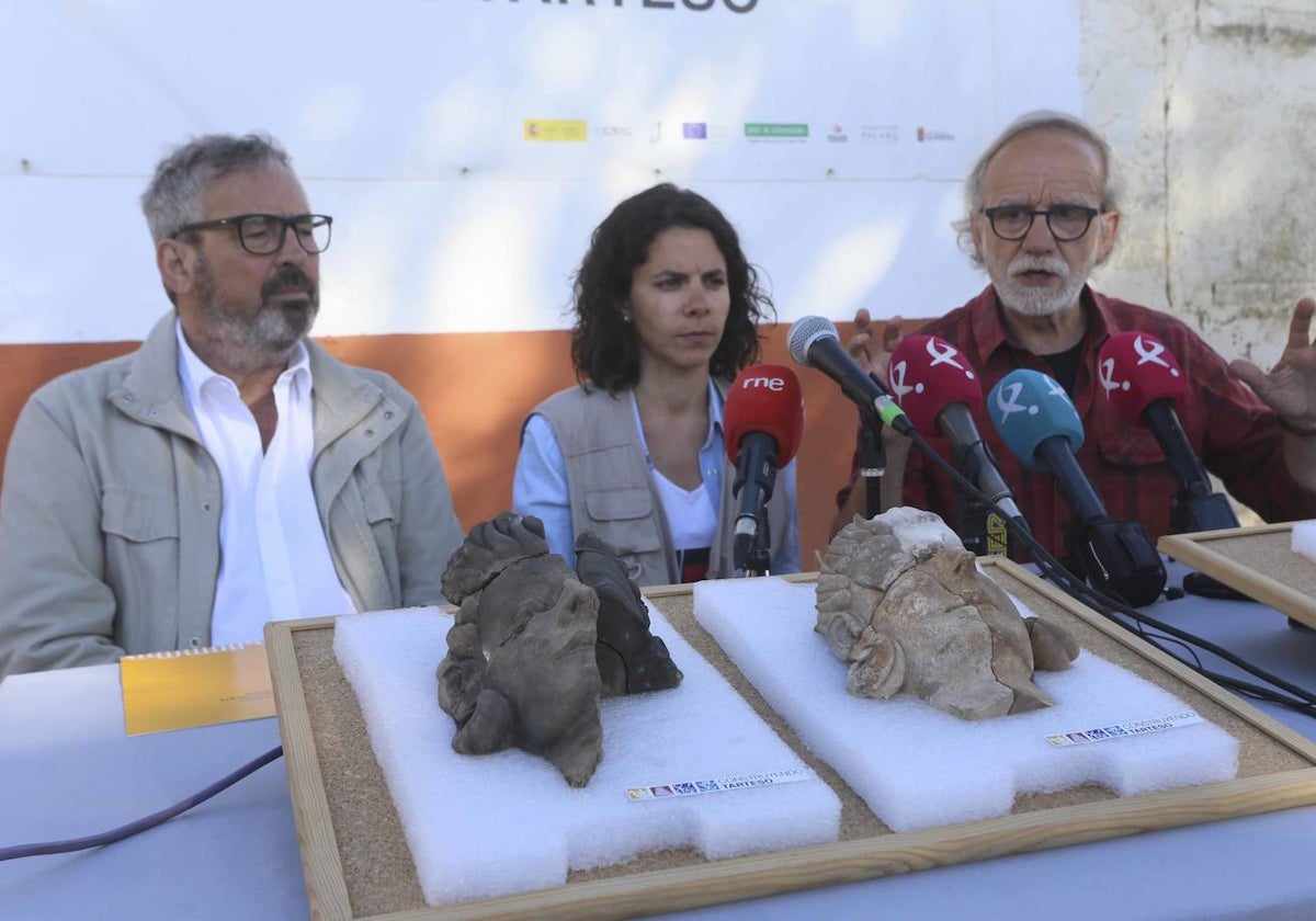 Pedro Mateos, del Instituto de Arqueología de Mérida, Esther Rodríguez y Sebastián Celestino, coordirectores del proyecto 'Construyendo Tarteso', esta mañana, con las figuras humanas descubiertas.