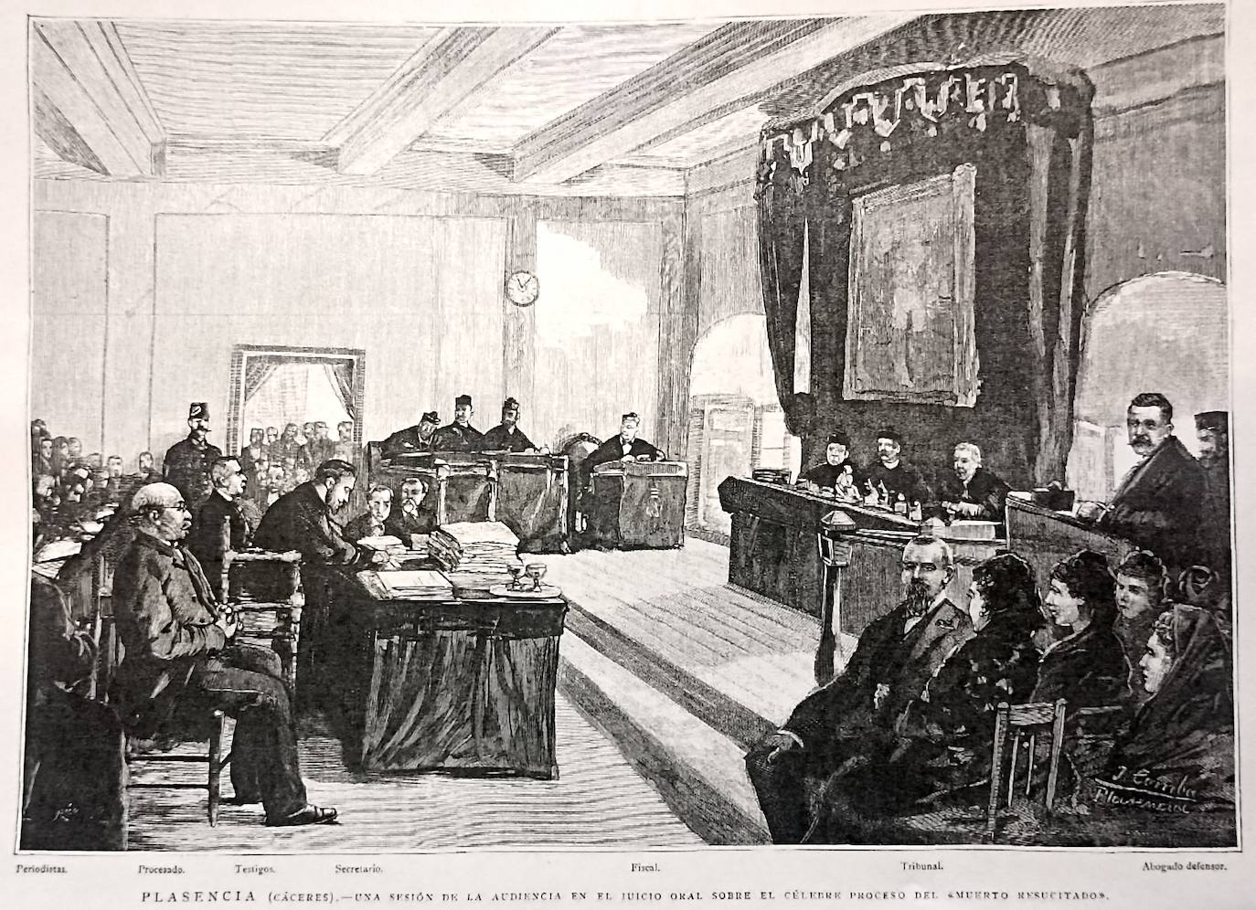 El juicio del 'muerto resucitado' que tuvo lugar en Plasencia en la segunda quincena de octubre de 1888. El 'muerto resucitado' está a la izquierda, en primer plano.