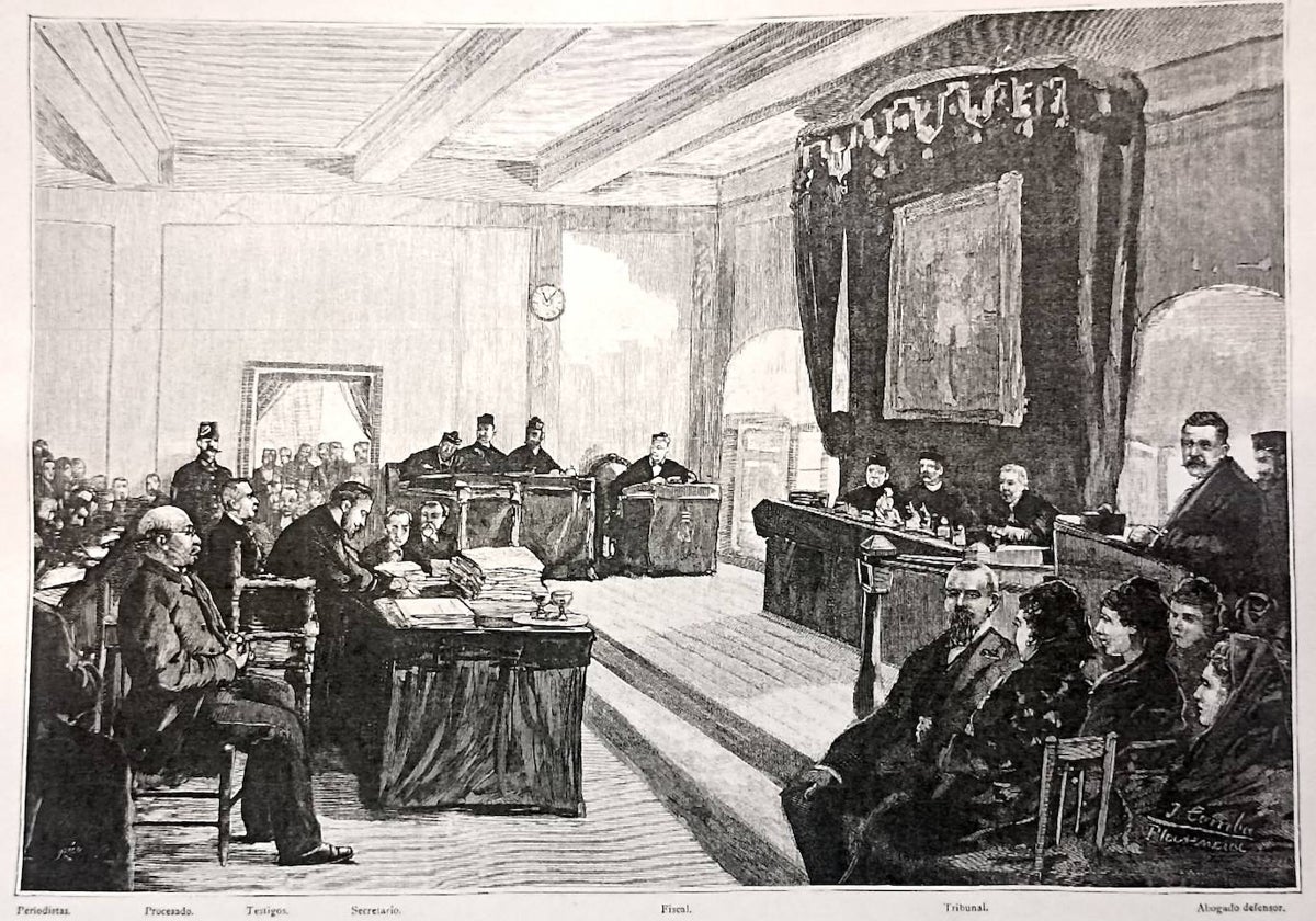 El juicio del 'muerto resucitado' que tuvo lugar en Plasencia en la segunda quincena de octubre de 1888. El 'muerto resucitado' está a la izquierda, en primer plano.