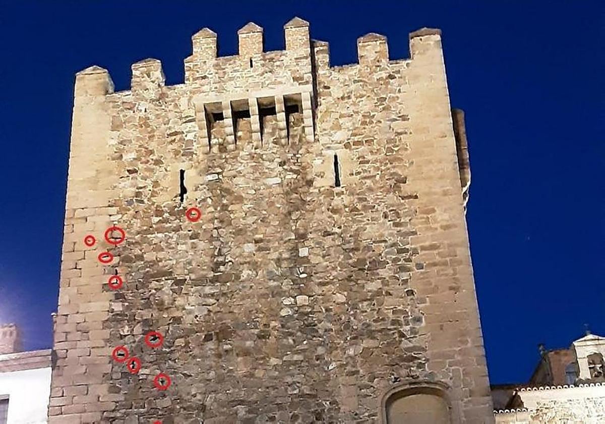 La Torre de Bujaco con los nidos de vencejos señalados en rojo.