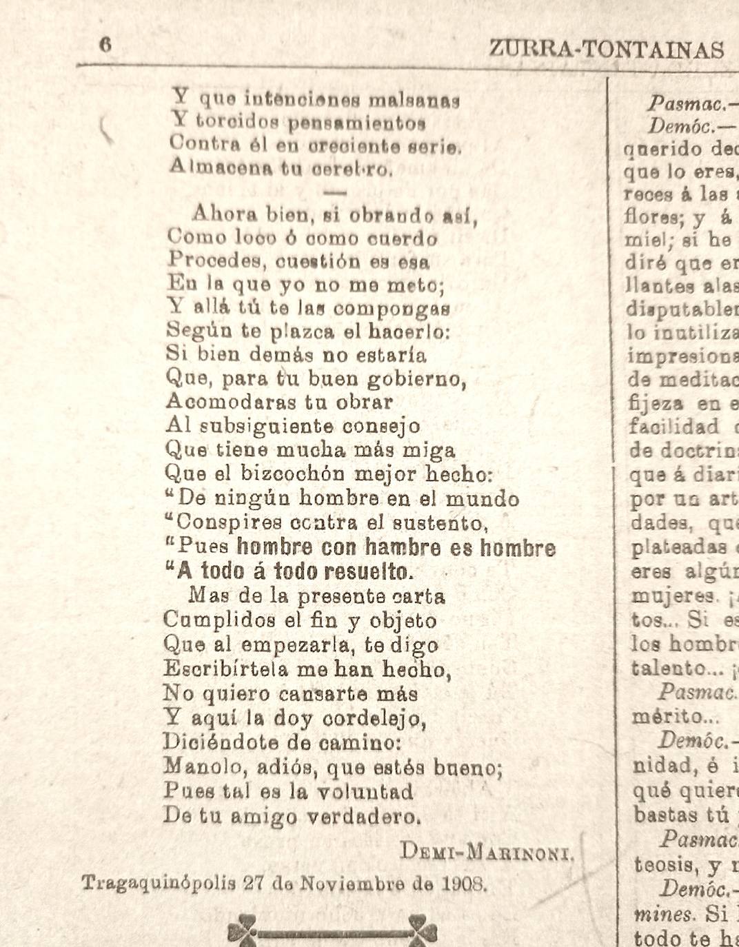 Continuación de la poesía dedicada al 'amigo' Castillo en el número 5 de 'Zurra-Tontainas'. La firma Demi Marinoni, seudónimo de Eduardo Sánchez Garrido.