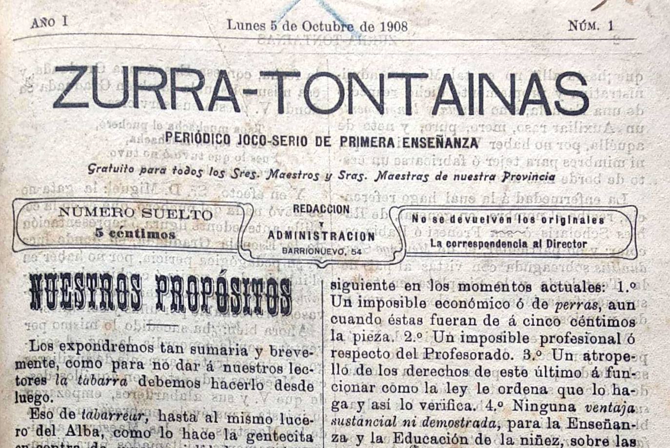 Ejemplar de 'Zurra-Tontainas' del 5 de octubre de 1908. El primer número.