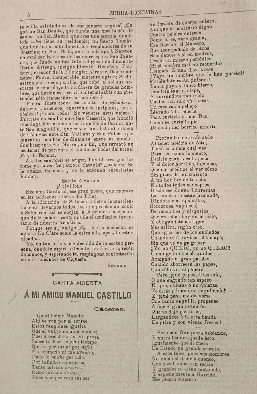 Poesía satírica dedicada a Manuel Castillo, publicada en el número 4 de 'Zurra-Tontainas'.