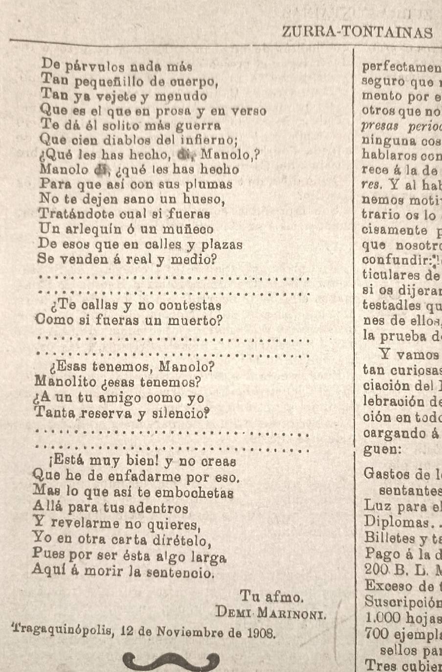 Poesía satírica dedicada a Manuel Castillo, publicada en el número 4 de 'Zurra-Tontainas'.