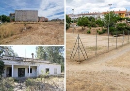 Los terrenos de Mérida (arriba izq), Badajoz (abajo izq) y Plasencia (dcha).