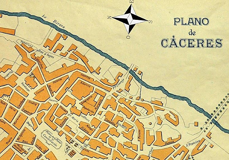 Plano de Cáceres de 1900, cuando la ciudad tenía río y no un riachuelo.