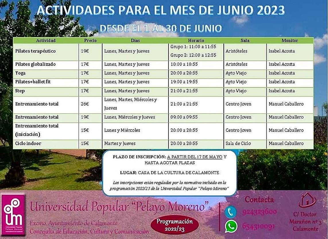 La UP Pelayo Moreno informa sobre la oferta deportiva para el mes de junio