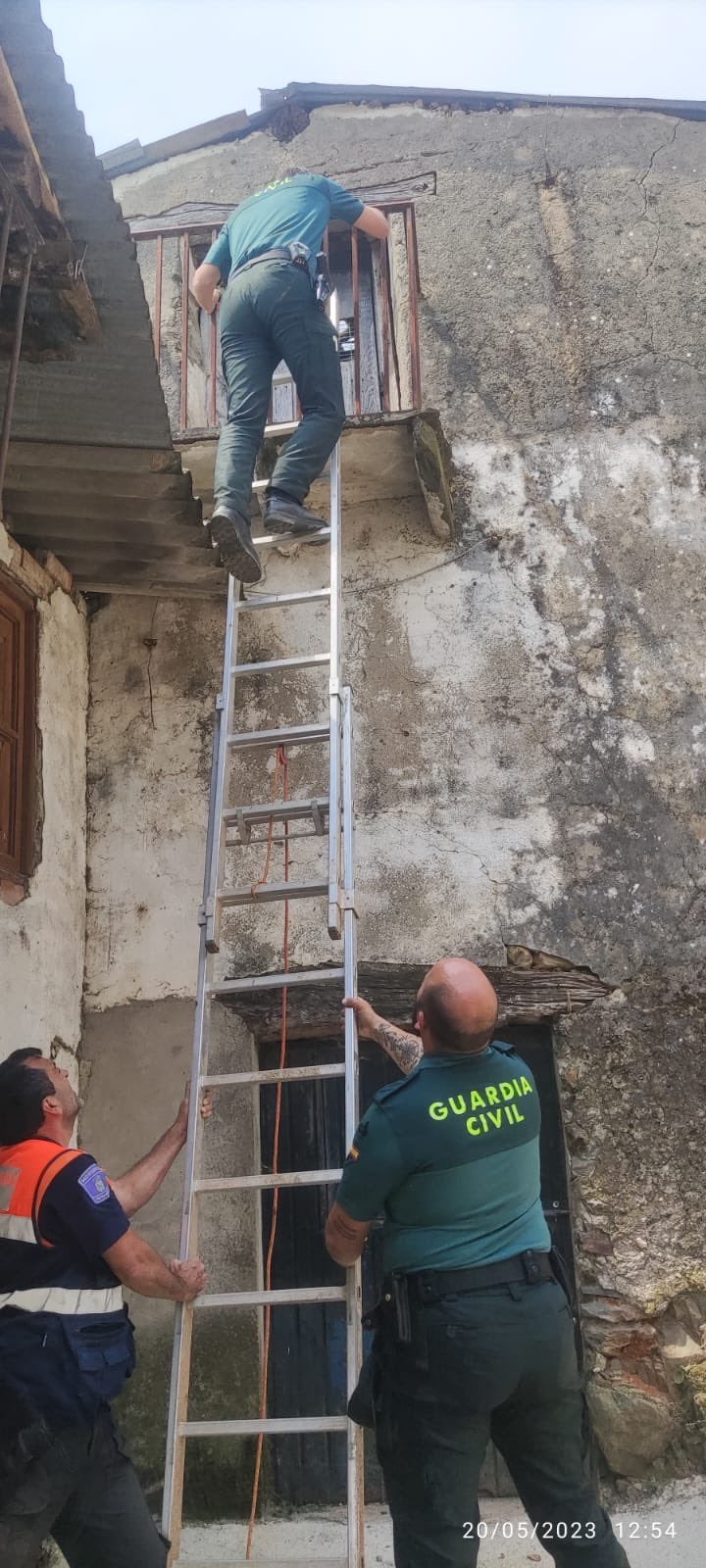 Un agente accede a un corral en Ovejuela para dar de comer a los animales.