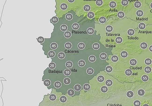Probabilidad de tormentas de 12:00 a 18:00 horas estimada por la Aemet.
