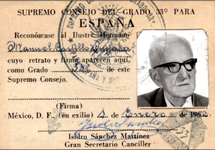 Carnet masónico de Castillo en 1962. Él se hizo oficialmente masón en 1926.