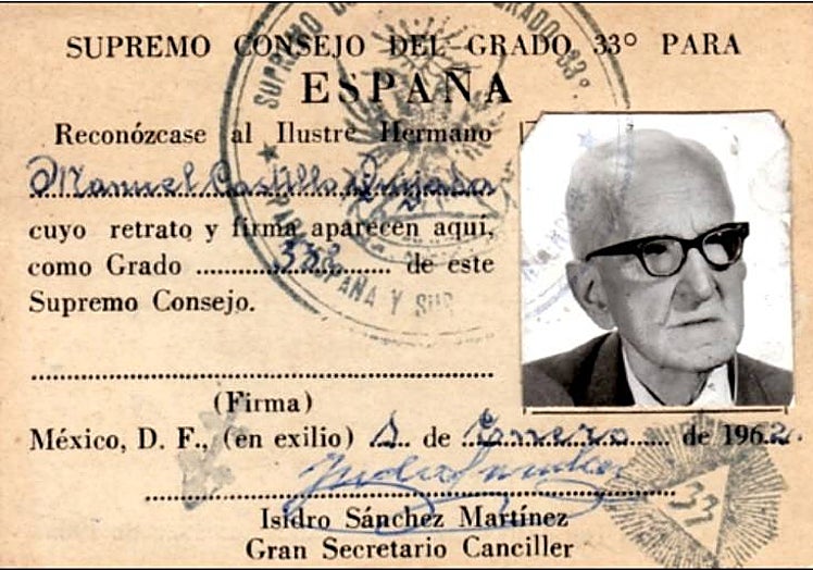 Carnet masónico de Castillo en 1962. Él se hizo oficialmente masón en 1926.