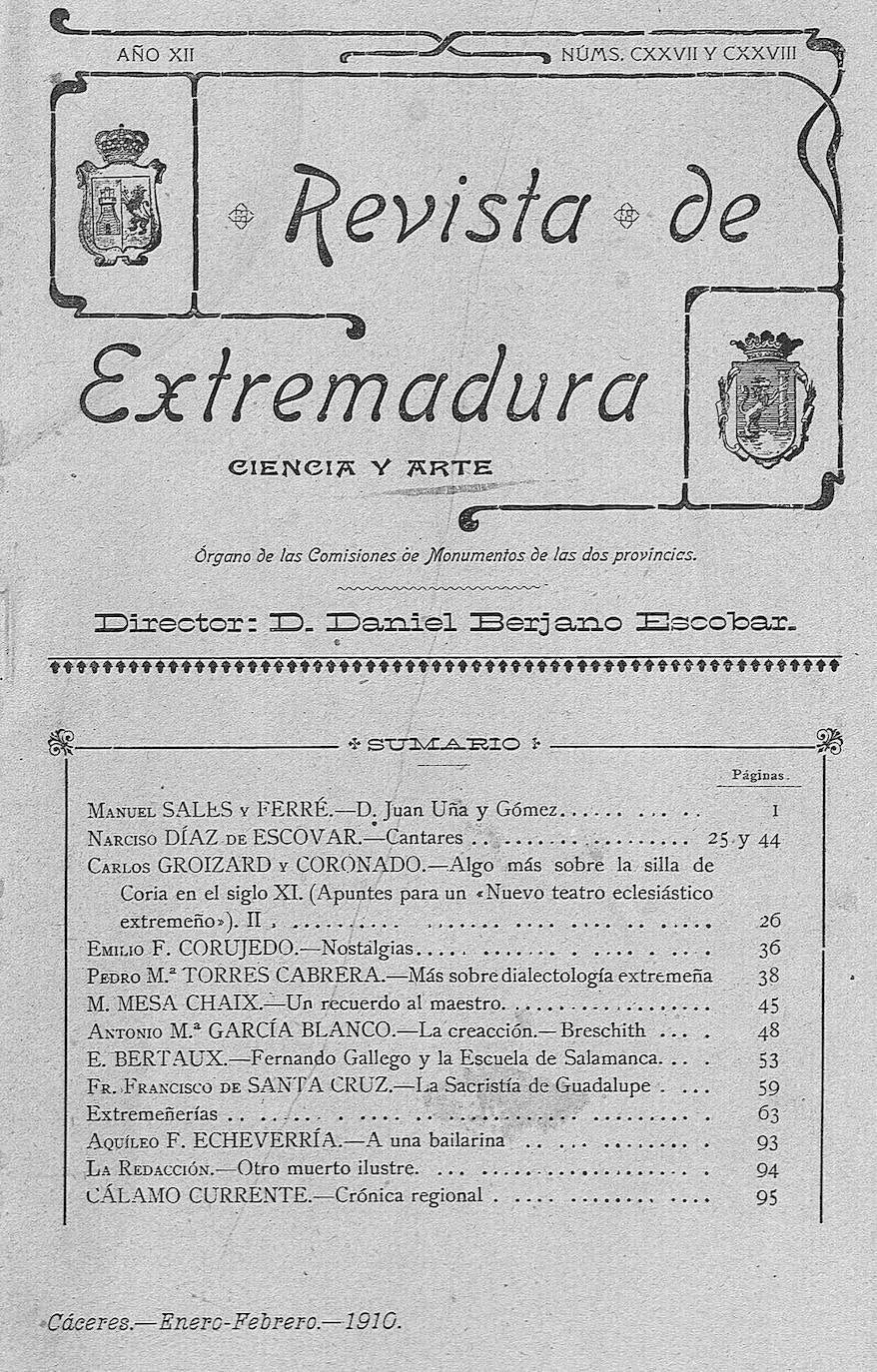 Ejemplar de la Revista de Extremadura del 1 de enero de 1910.