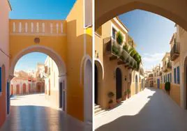 A la izquierda imagen generada por la IA sobre el pueblo más bonito de Badajoz; y a la derecha, también de la IA, sobre Olivenza.