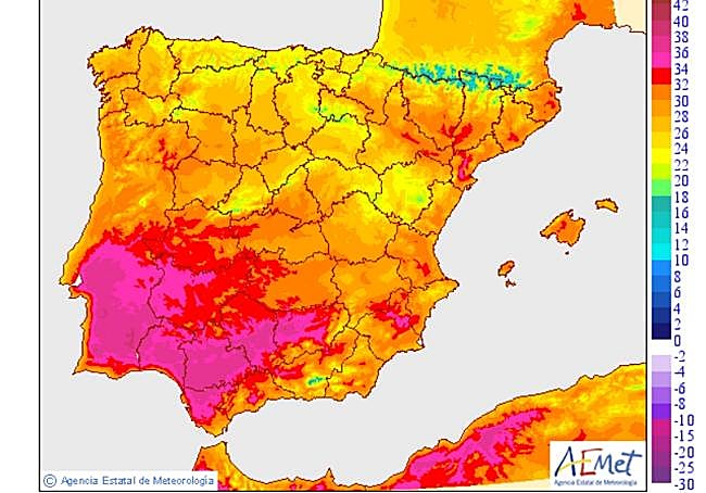 Mapa con las temperaturas previstas para el jueves.