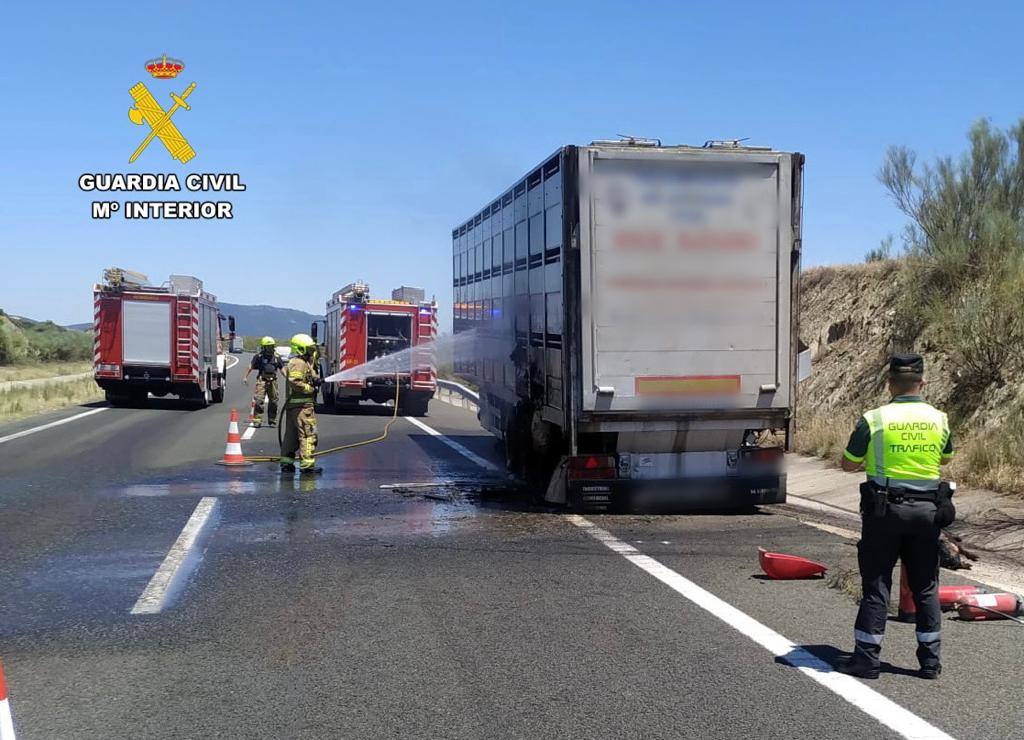 Bomberos en las labores de extinción del camión incendiado.