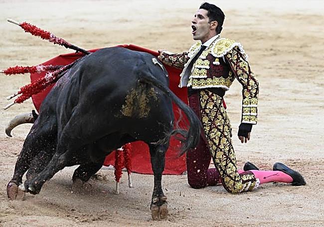 Talavante, de rodillas, mira al tendido.