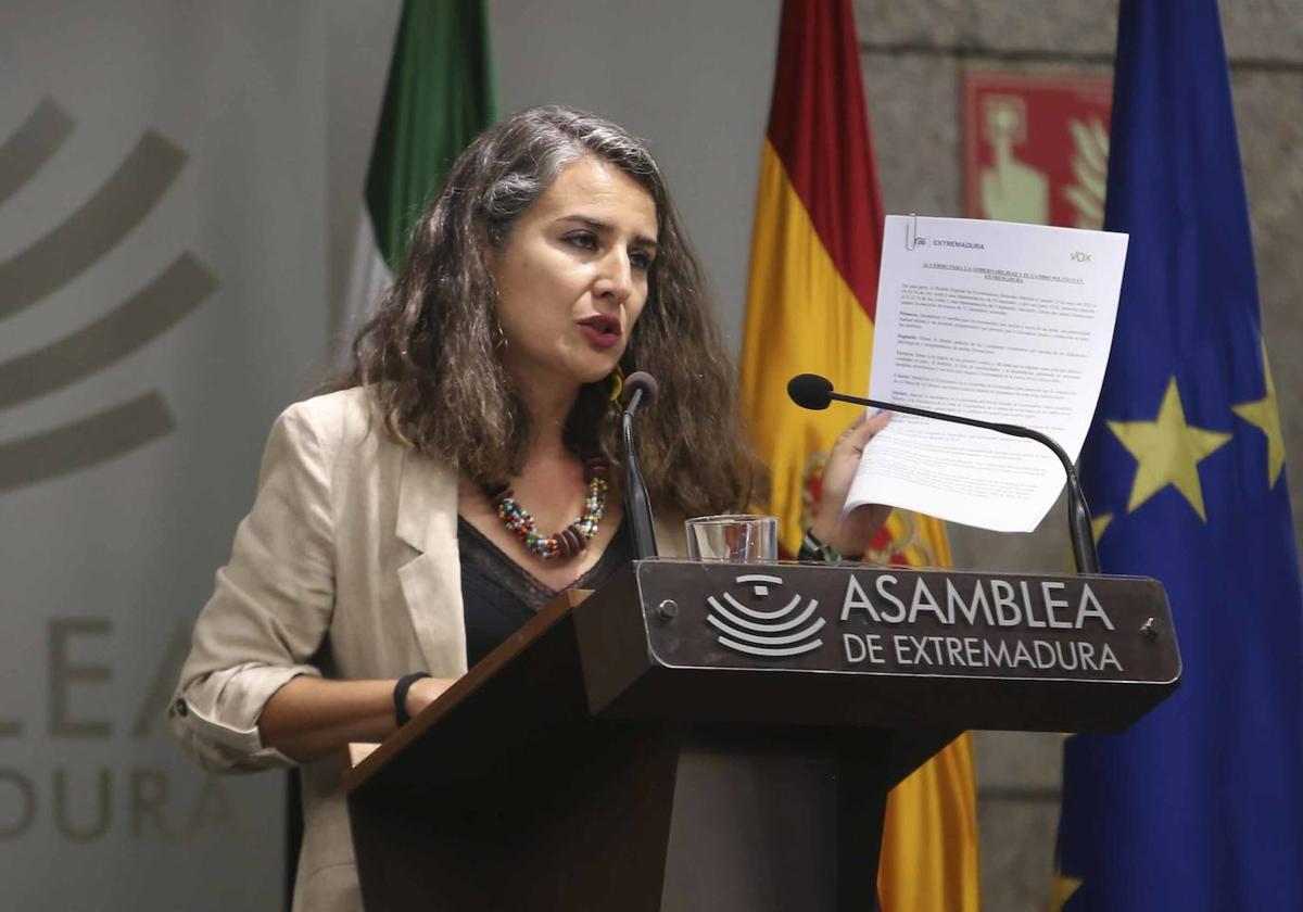 Irene de Miguel durante la rueda de prensa posterior a la primera sesión del discurso de investidura.