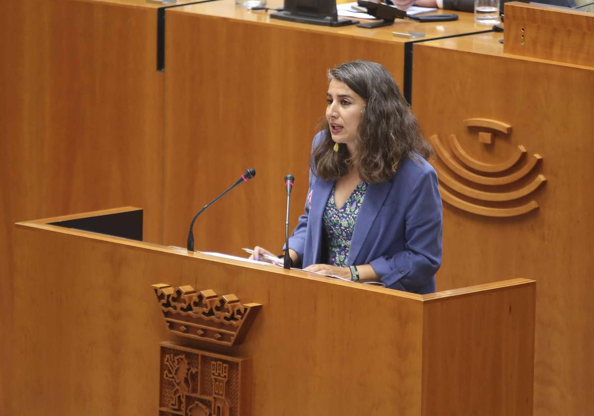 La portavoz de Unidas por Extremadura, Irene de Miguel, durante su intervención en la Asamblea de Extremadura.