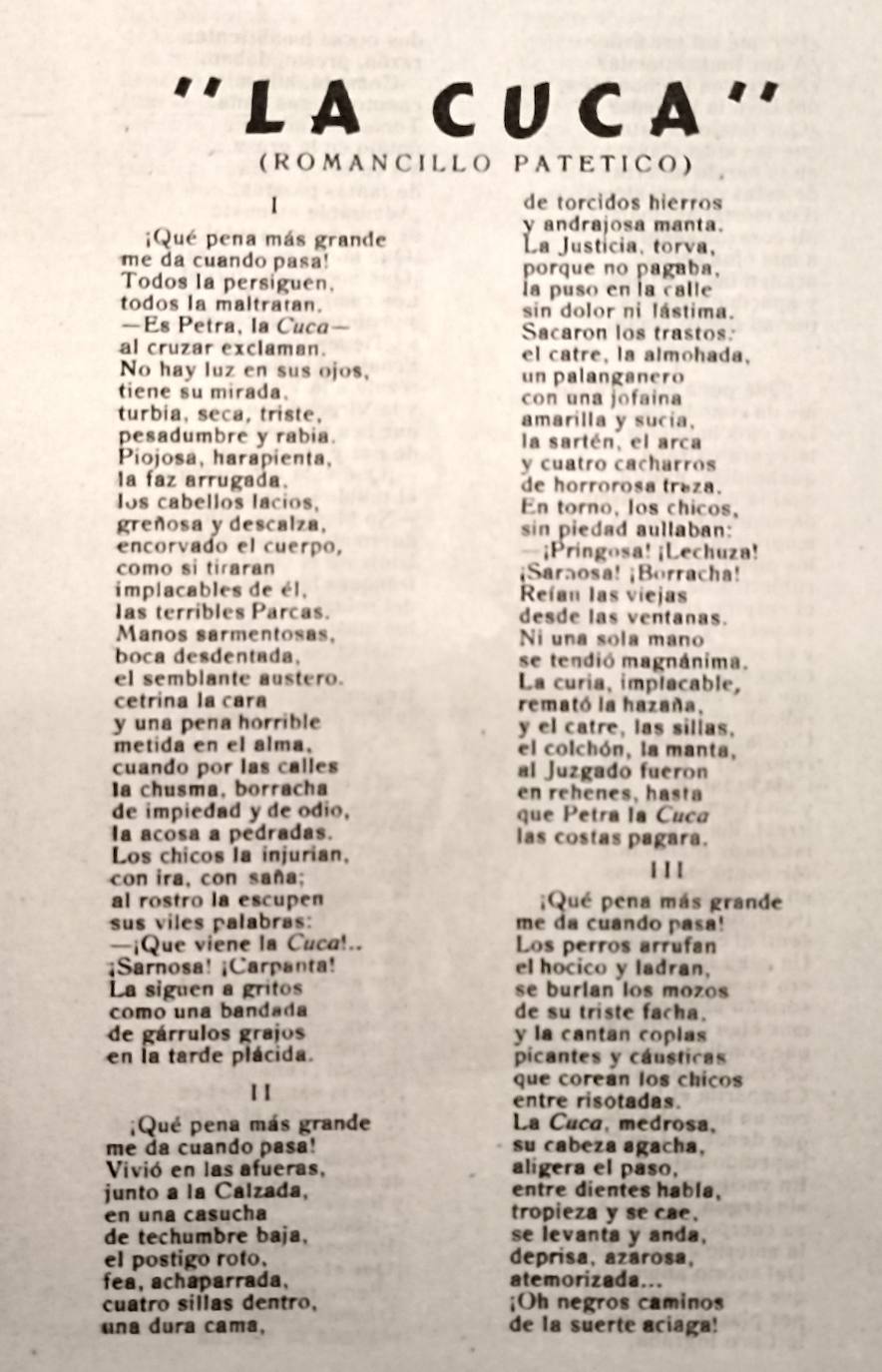 Poesía ‘La Cuca’ de Pedro Romero, que ganó un premio nacional en Sabadell en 1943, y que se publicó diez años después en la revista Alcántara con una ilustración del cacereño Antonio Solís Ávila, tío del pintor Massa Solís.