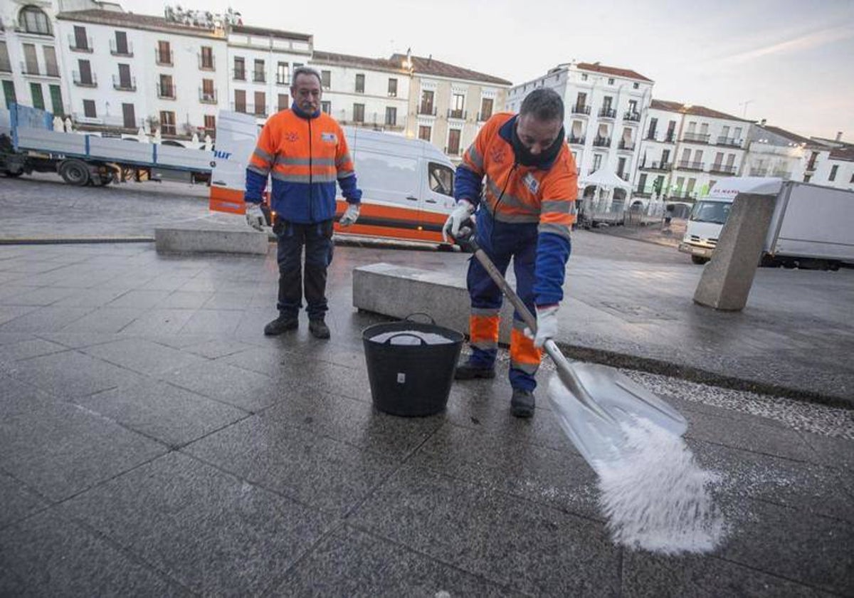 Operarios de la actual contrata de limpieza, Conyser, durante unos trabajos.