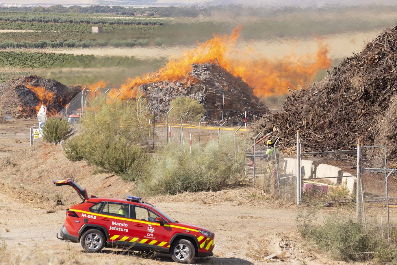 Así luchan los bomberos contra las llamas en la planta de Biomasa de Mérida (II)