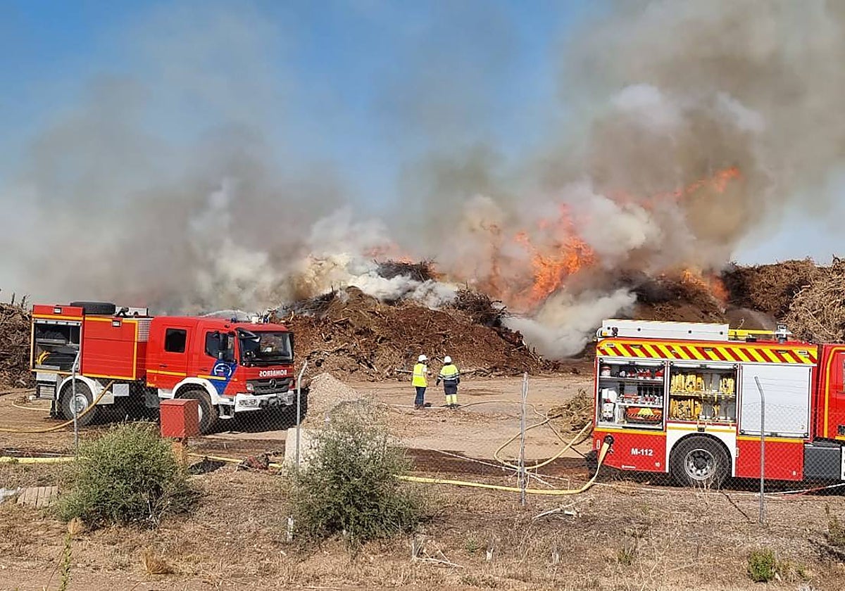 Los bomberos intentan sofocar un aparatoso incendio en los exteriores de la planta de biomasa de Mérida