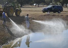 Echando el repelente sostenible para que el mosquito no se reproduzca en los principales puntos de agua.