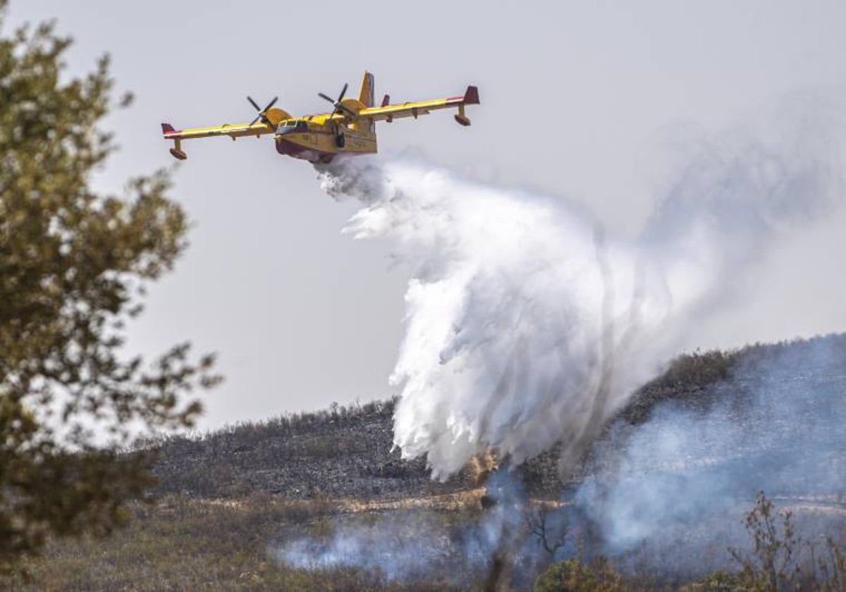 Un hidroavión descarga entre Casas de Miravete y Deleitosa, en una zona arrasada por las llamas en una imagen de archivo.