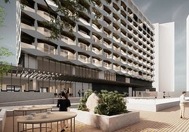 Recreación de cómo quedarán los exteriores del Hotel Lisboa hacía la avenida de Adolfo Díaz Ambrona tras la ampliación y rehabilitación con la piscina.