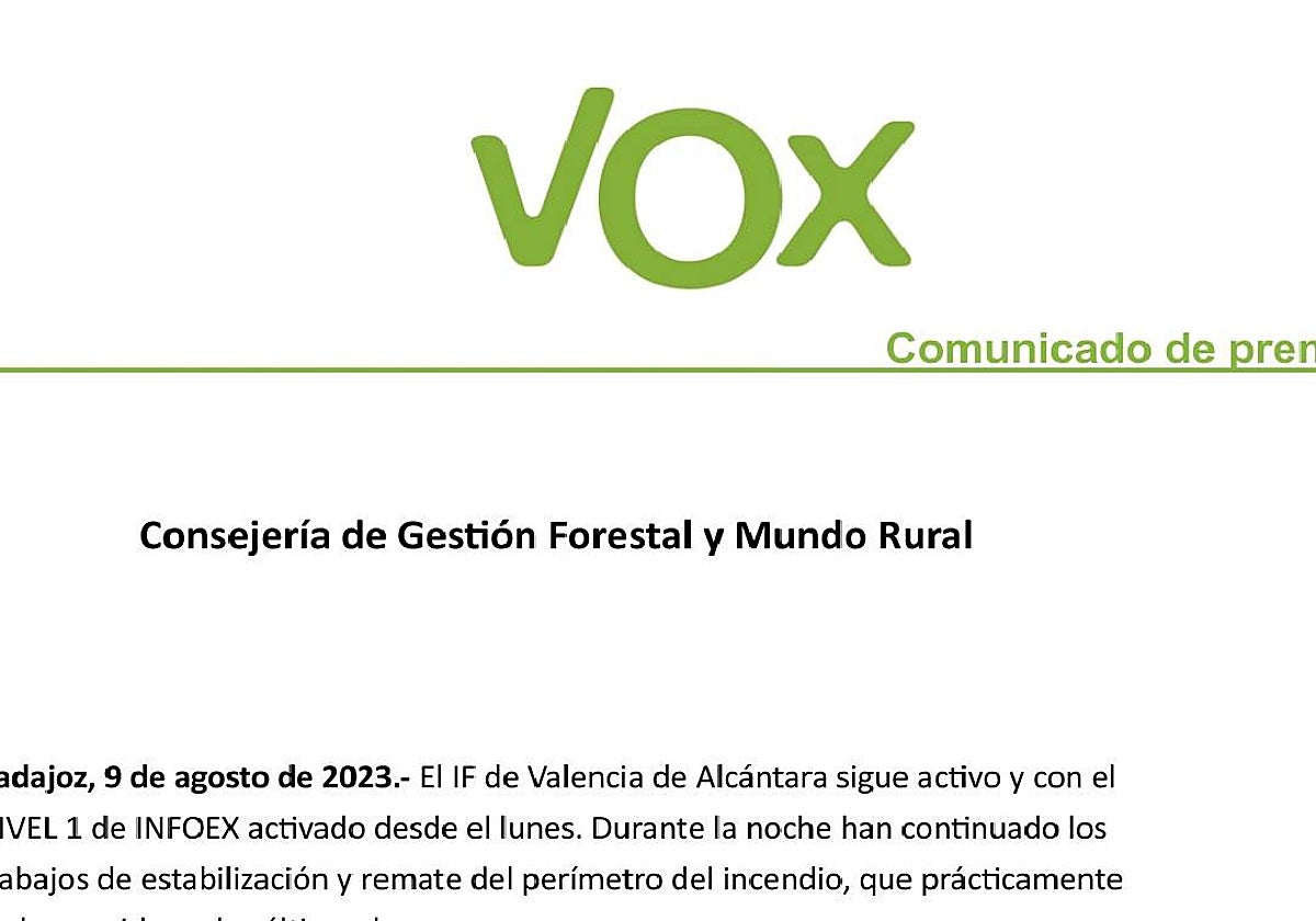 Dos comunicados de Vox sobre el incendio de Valencia de Alcántara levantan críticas de PSOE y Podemos