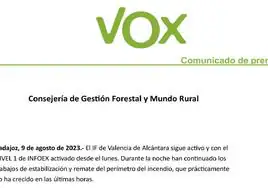 Dos comunicados de Vox sobre el incendio de Valencia de Alcántara levantan críticas de PSOE y Podemos