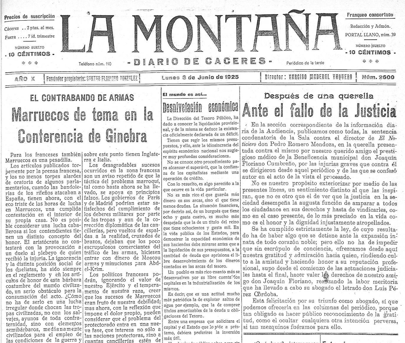 Ejemplar de 'La Montaña' del 8 de junio de 1925, en el que se publica la sentencia que condenaba a Pedro Romero a tres años y medio de destierro de Cáceres por injuriar al médico Joaquín Floriano.