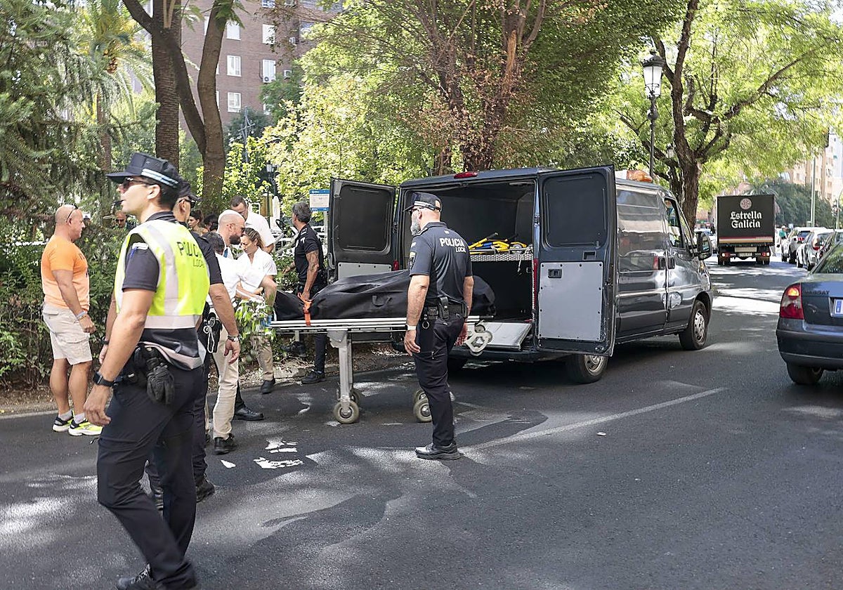Un furgón forense traslada el cuerpo sin vida del sintecho muerto en Cánovas el pasado 25 de agosto.