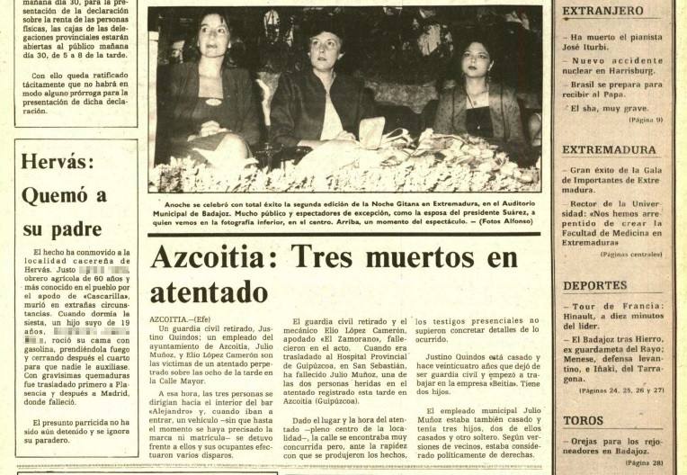 Portada del Diario HOY del 29 de junio de 1980 con la noticia del hijo que quemó al padre tras echarle gasolina encima.