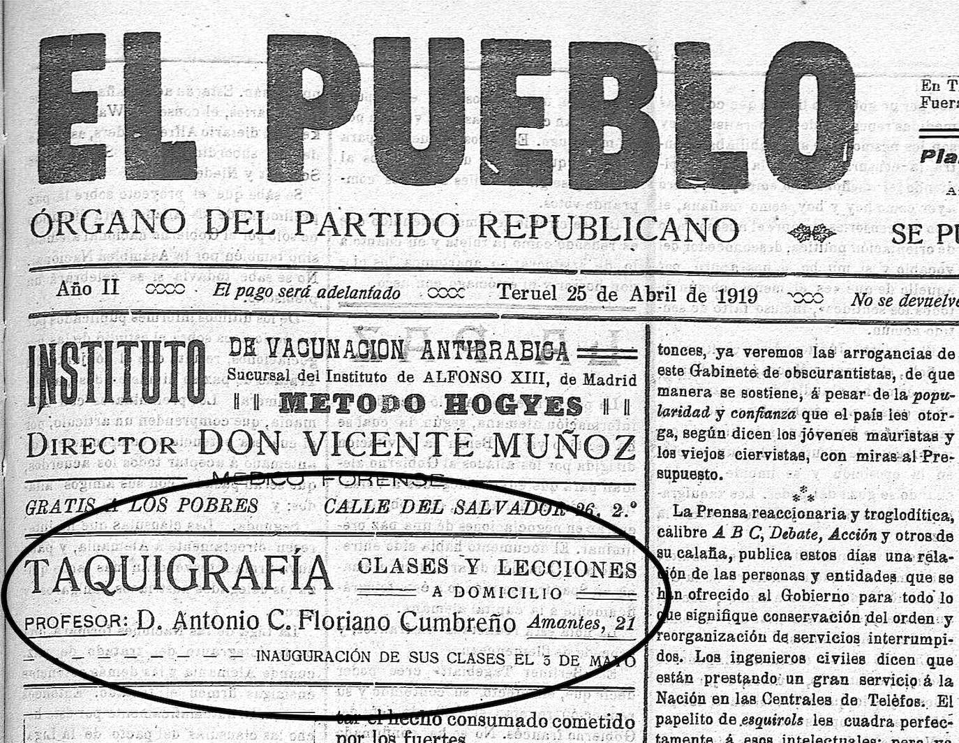 Periódico ‘El Pueblo’ de Teruel, del 25 de abril de 1919, en el que Floriano Cumbreño se anuncia para dar clases de Taquigrafía.