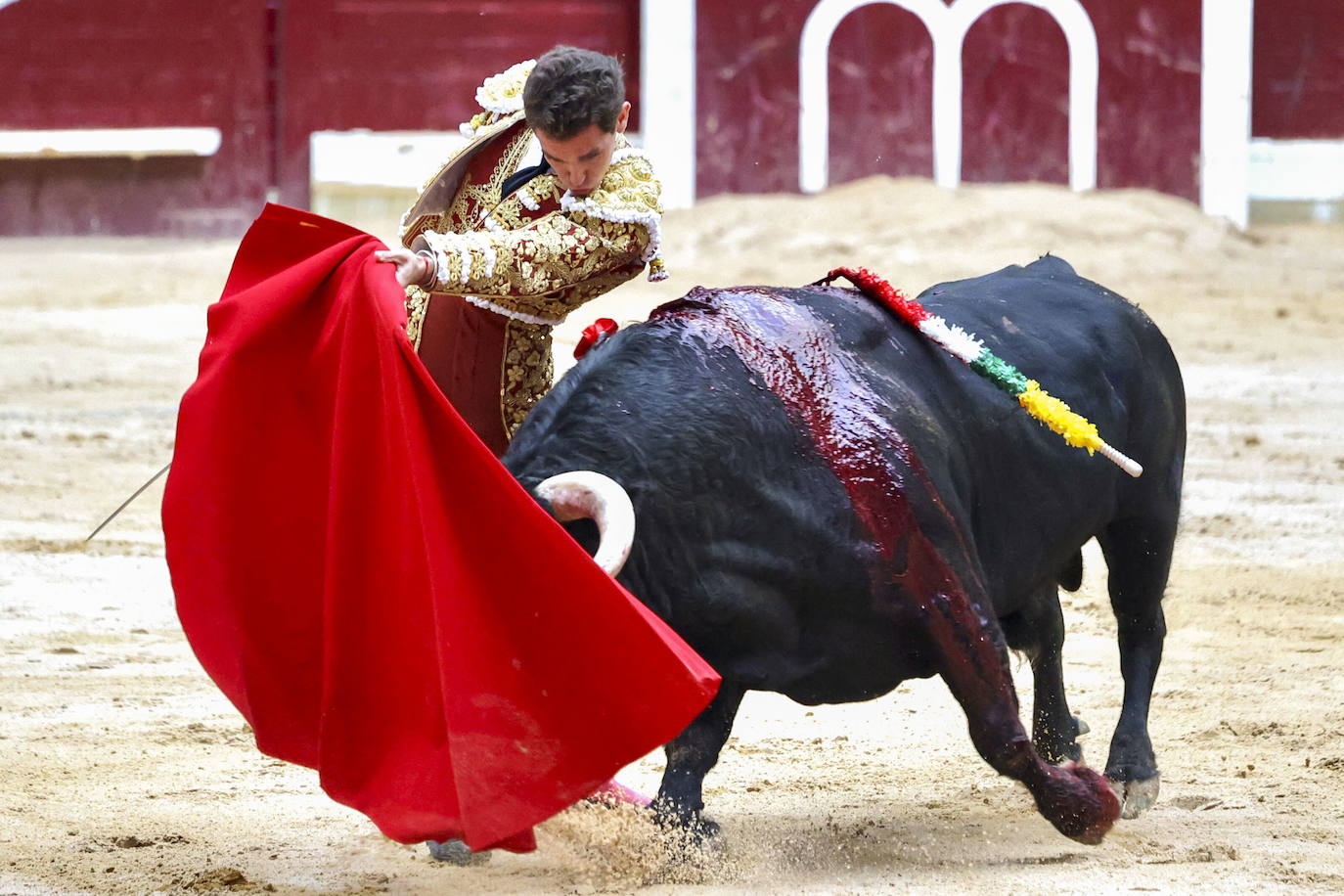 Ginés Marín lidia un toro durante la corrida de rejones de la Feria de San Mateo de Logroño.