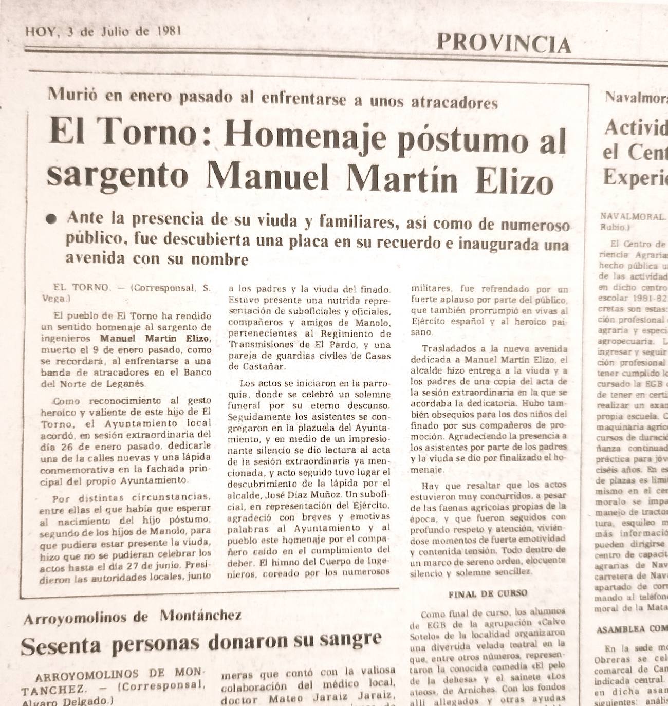 Noticia del Diario HOY, del 3 de julio de 1981, del homenaje que se rindió al sargento Elizo en su pueblo, El Torno.