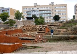 Un vecino baja una escalera en el parque, entre ripios y jaramagos.