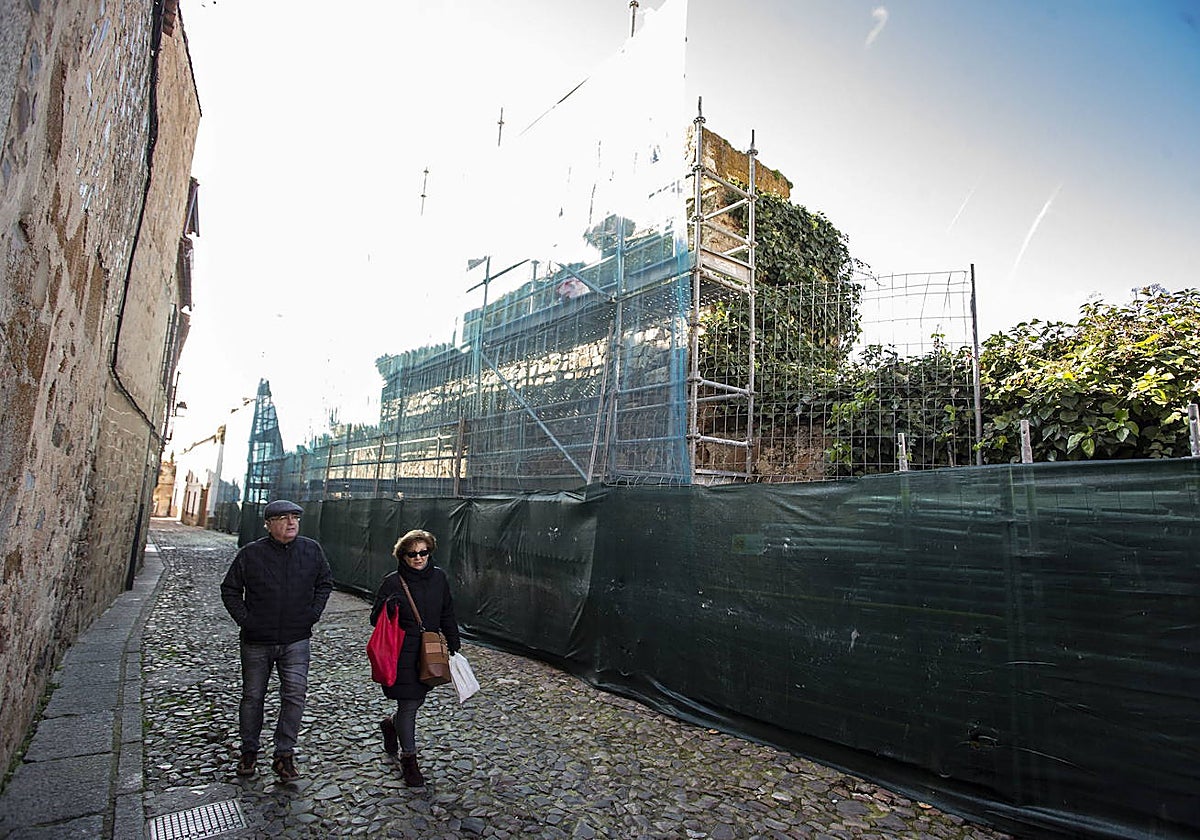 Andamios colocados en la muralla para las obras de la segunda fase el pasado mes de enero.