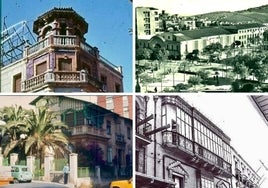 De izquierda a derecha, en el sentido de las agujas del reloj, casa de la Chicuela, cine Norba, chalé de los Correa-Pomet y casa de los Mijares.